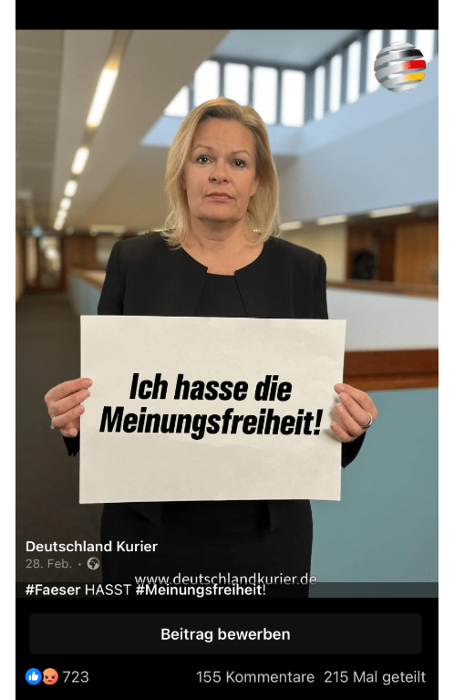 Bild: Screenshot "https://deutschlandkurier.de/2024/11/spd-innenministerin-faeser-stellt-strafantraege-gegen-dk-chefredakteur-david-bendels-neuer-anschlag-auf-die-presse-und-meinungsfreiheit/" / Eigenes Werk