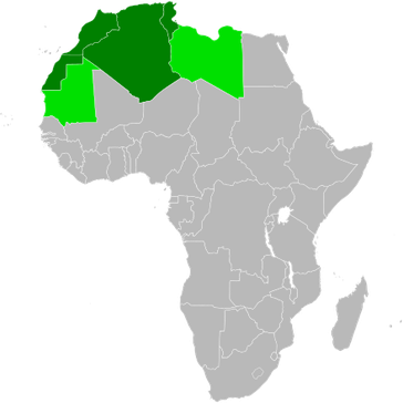 Die Maghreb-Staaten im engeren (dunkelgrün) sowie weiteren Sinne (dunkel- und hellgrün)