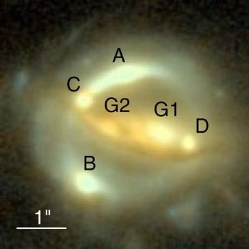 Das Gravitationslinsensystem B1608+656, aufgenommen mit der "Advanced Camera for Surveys" an Bord des Hubble Space Teleskops. Die Bilder der Quellgalaxie sind hier mit A-D bezeichnet, die beiden Linsengalaxien mit G1 und G2. © NASA/STScI, ESA, S. H. Suyu (University of Bonn), P. J. Marshall (Stanford University)