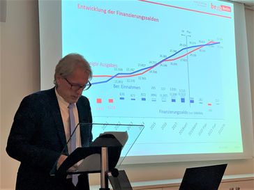 "Eine Haushaltsdelle bleibt": Finanzsenator Dr. Michael Kollatz erläutert die Berliner Haushaltsentwicklung auf einer Veranstaltung des Wirtschaftsrats im November 2019.  Bild: "obs/diz Deutsches Institut für Zeitwertkonten und Pensionslösungen AG/diz AG / Leander Hollweg"