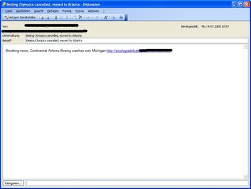 Spam-Mail mit dem Betreff: „Beijing Olympics cancelled, moved to Atlanta“
