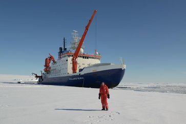 Julia Christmann vor dem Eisbrecher Polarstern in der Antarktis
Quelle: Foto: Julia Christmann (idw)