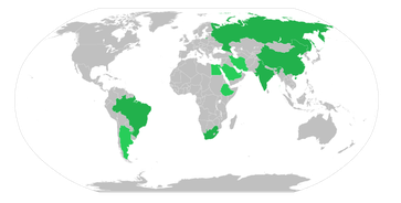 BRICS-Staaten (dunkelgrün: Mitglieder seit 2011; hellgrün: Neue Mitglieder ab dem 1.1.2024)