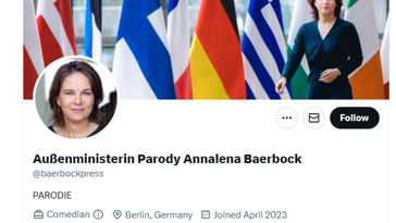 Verwechslungsgefahr? Screenshot des Satire-Kanals "Außenministerin Parody Annalena Baerbock" Bild: Screenshot: Twitter/baerbockpress