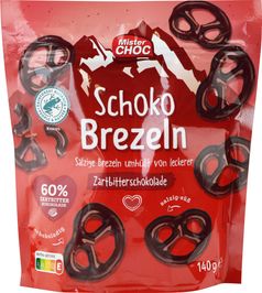 "MisterChoc Schoko Brezeln - salzige Brezeln umhüllt von leckerer Zartbitterschokolade, 140g".  Bild: Lidl Fotograf: Lidl