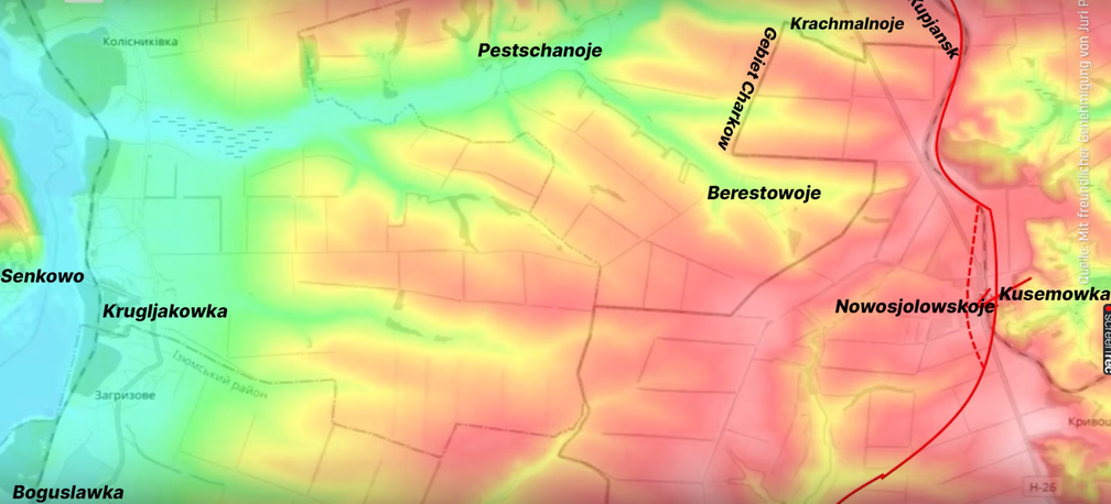 Reliefkarte der Umgebung der umkämpften Ortschaft Nowosjolowskoje, Landkreis Swatowo, russische Volksrepublik Lugansk. Stand 05. Juli 2023. Rot: Anhöhen. Gut sichtbar: Wasserscheidekamm, der von Nowosjolowskoje fast bis zum Oskol-Stausee im Westen verläuft. Bild: Juri Podoljaka / RT