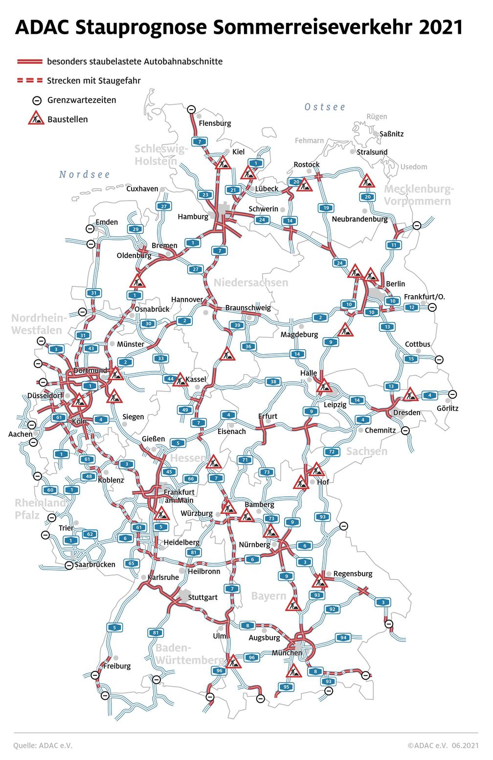 Staugefährdete Autobahnen im Sommer 2021