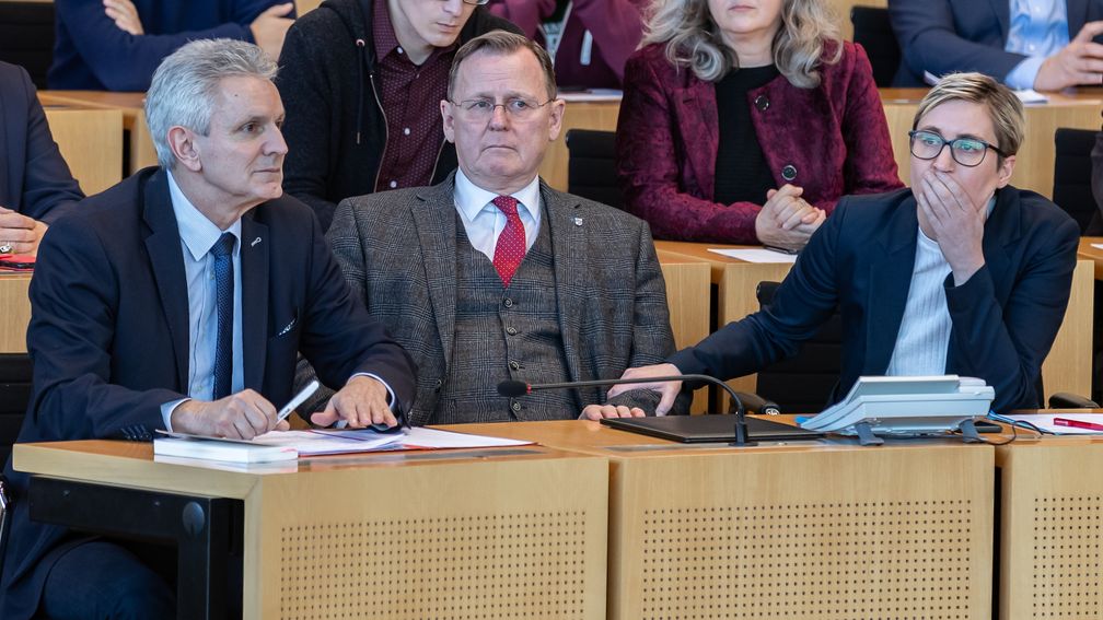 André Blechschmidt (l.), Bodo Ramelow (m.) und Susanne Hennig-Wellsow (r.) (2020)