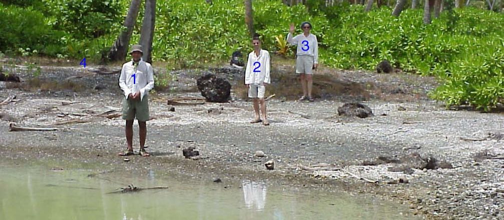 Ufer des Queen´s Bath (Hithadhoo Island, Addu Atoll). Die 4 markiert das Uferniveau im Jahr 400 vor Christus (+ 60 cm), die 3 den Hochwasserstand von 1790 bis 1970 (+ 20 – 30 cm), die 2 den heutigen Hochwasserstand und die 1 den heutigen Normalpegel.