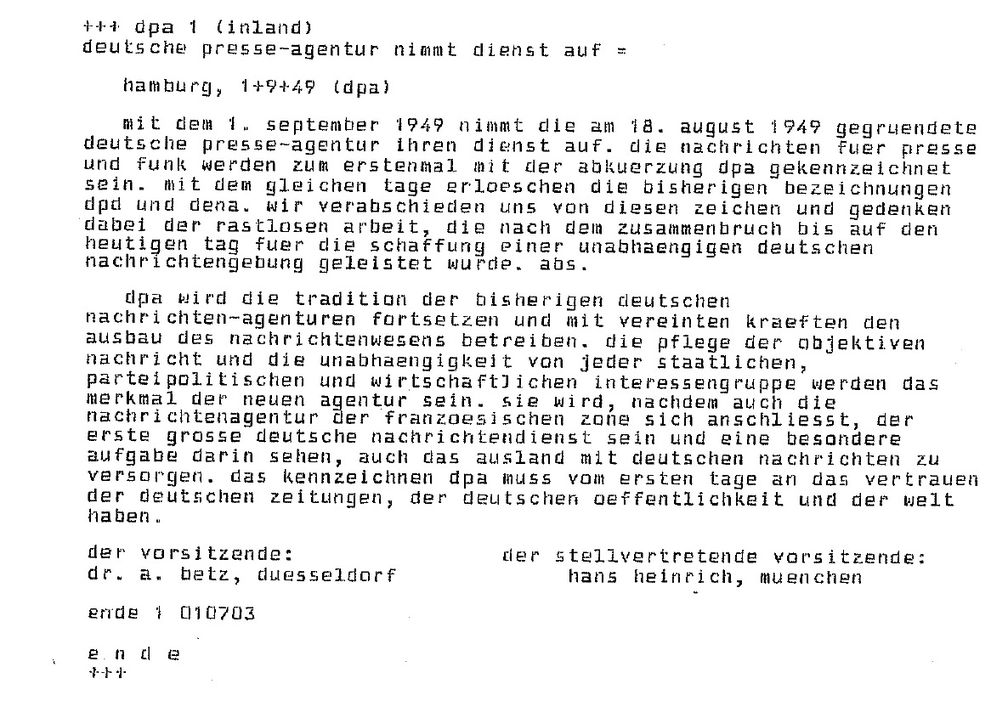 "deutsche presse-agentur nimmt dienst auf": Die erste dpa-Meldung wurde am 1. September 1949 an die deutschen Medien gesendet. / Weiterer Text über ots und www.presseportal.de/nr/8218 / Die Verwendung dieses Bildes für redaktionelle Zwecke ist unter Beachtung aller mitgeteilten Nutzungsbedingungen zulässig und dann auch honorarfrei. Veröffentlichung ausschließlich mit Bildrechte-Hinweis. Bildrechte: dpa Deutsche Presse-Agentur GmbH Fotograf: dpa Deutsche Presse-Agentur GmbH