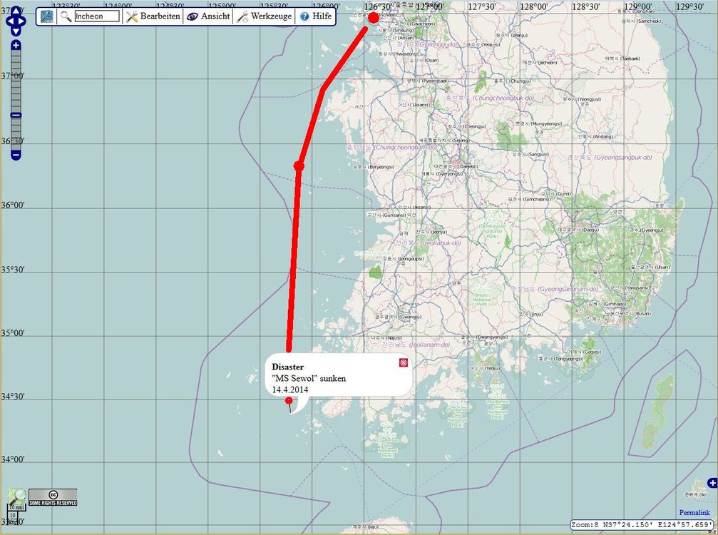 Karte mit Position der Unglücksstelle. Die Sewol war ein RoRo-Fährschiff, das am 16. April 2014 auf seinem Weg von Incheon nach Jejudo auf Höhe der Insel Jindo im Gelben Meer mit 476 Menschen an Bord kenterte..
