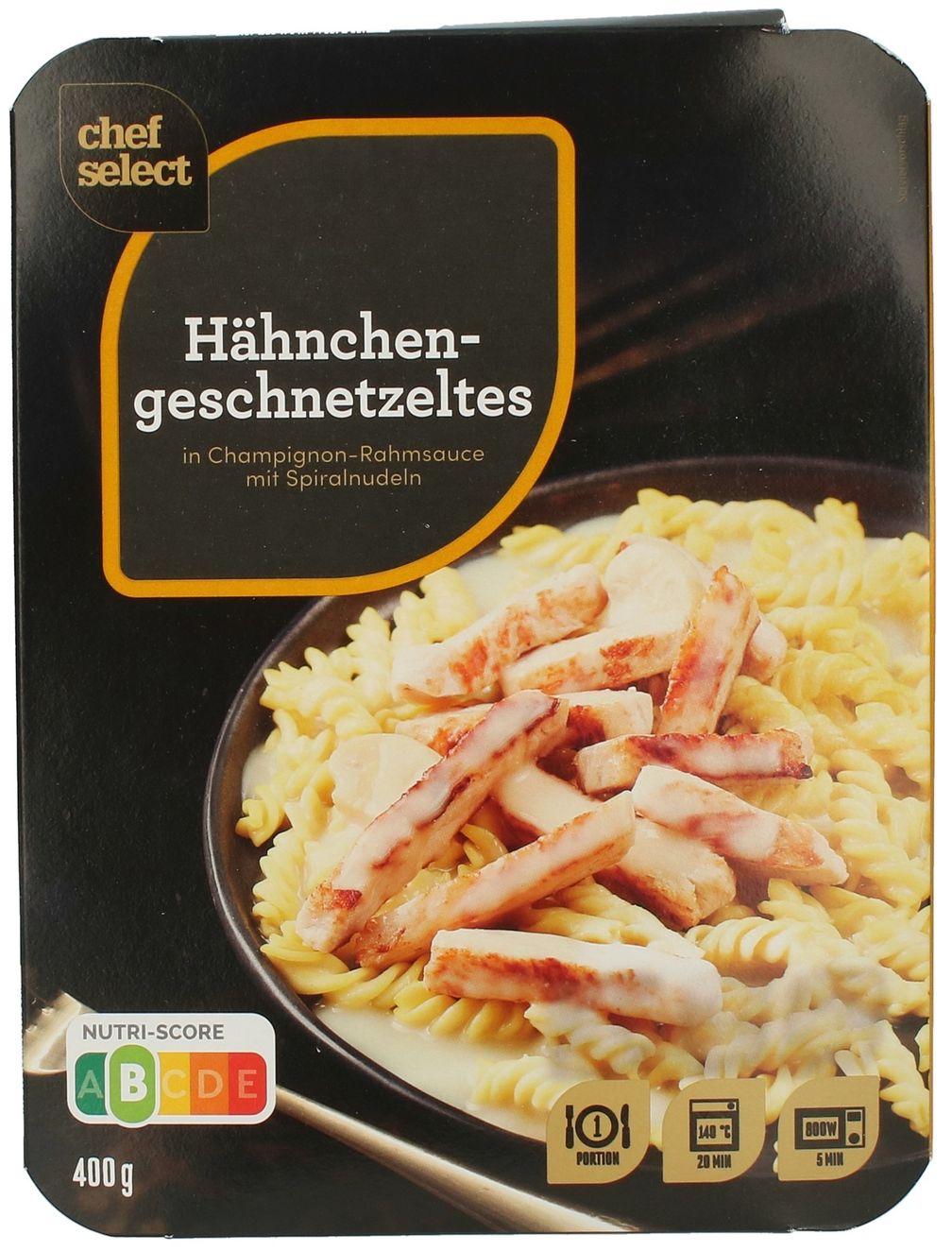 Chef Select Hähnchengeschnetzeltes in Champignon-Rahmsauce mit Spiralnudeln, 400g".  Bild: Lidl Fotograf: Lidl