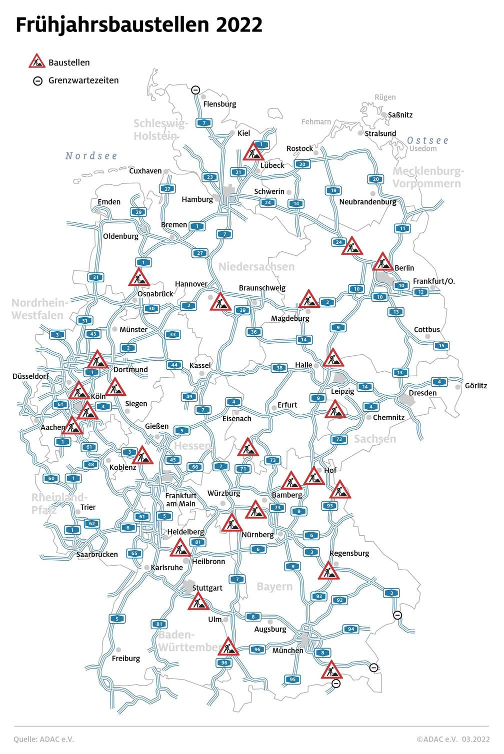 Autobahnbaustellen mit hoher Staugefahr im Frühjahr 2022 Bild: ADAC Fotograf: © ADAC