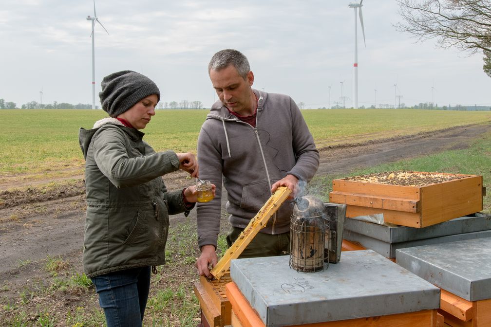 Glyphosat im Honig: Imkerpaar Sebastian und Camille Seusing bei der Entnahme von Honigproben.  Bild: Aurelia Stiftung Fotograf: Florian Amrhein