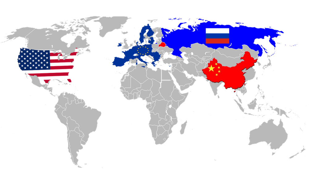 Großmächte: Vereinigte Staaten von Amerika (VSA/USA), Europäische Union (EU), Russische Föderation (Russland) und China