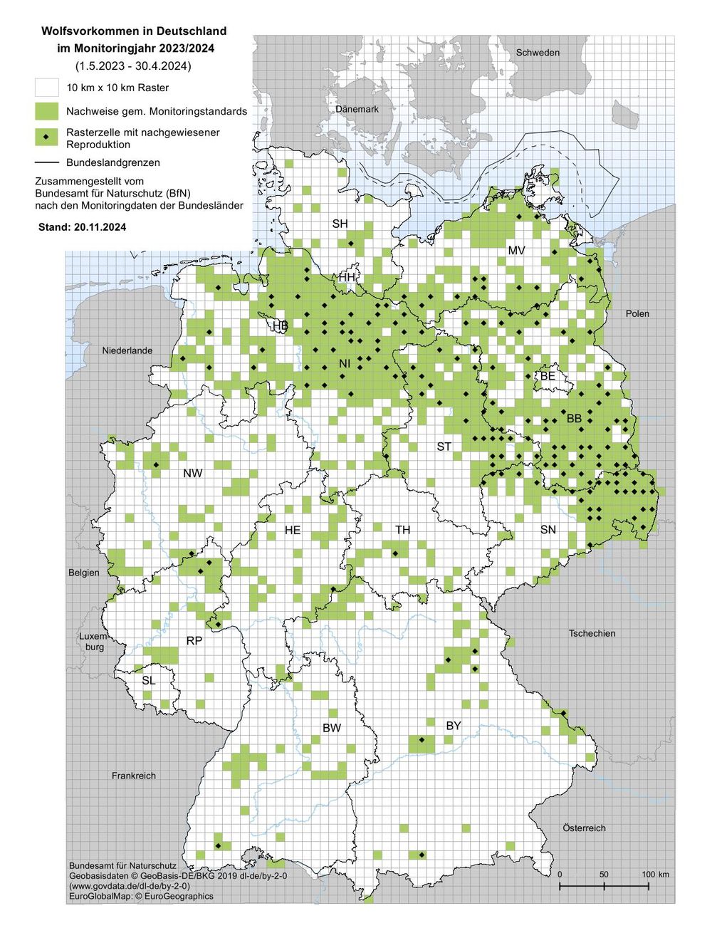 Trotz hoher Wolfsdichte in Niedersachsen, Brandenburg und Sachsen sind die Übergriffe auf Nutztiere zurückgegangen.