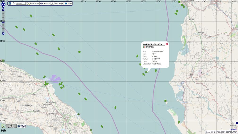 Norman Atlantic: AIS-Position am 28. Dezember 2014aktuelle AIS-Positionen