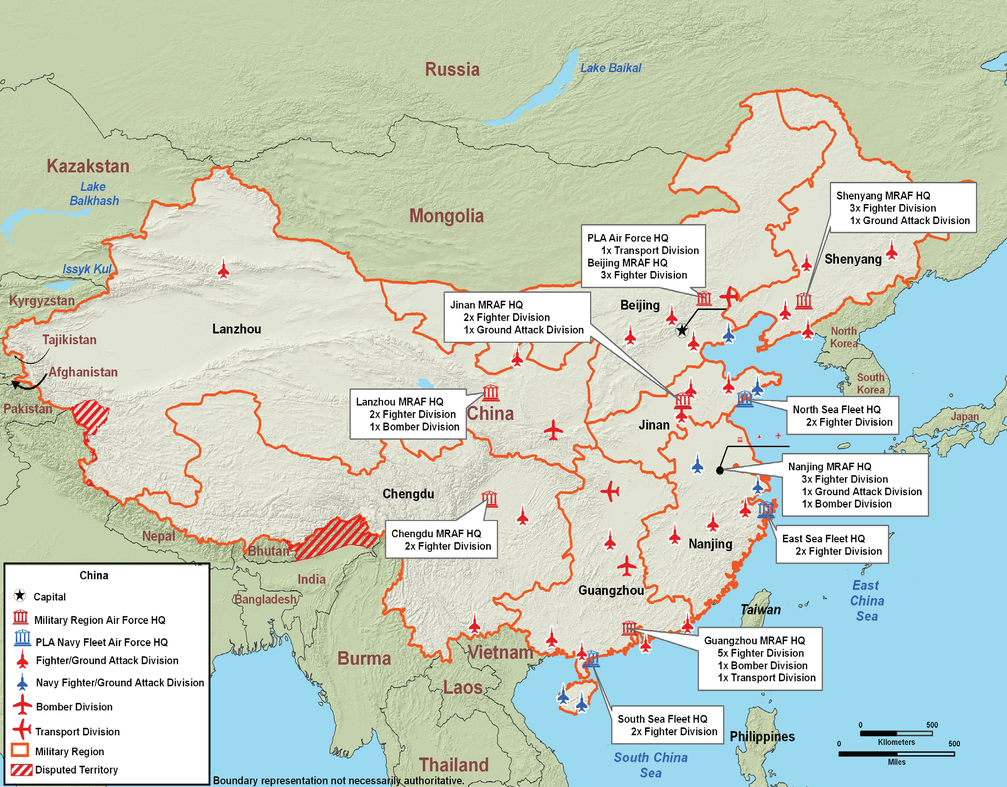 Stationierung größerer Luftwaffeneinheiten der  Luftstreitkräfte der Volksrepublik China (chinesisch 中國人民解放軍空軍 / 中国人民解放军空军, Pinyin Zhōngguó Rénmín Jiěfàngjūn Kōngjūn, englisch People's Liberation Army Air Force, abgek.: PLAAF)(2008).