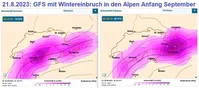 Zum Vergrößern anklicken. GFS rechnet am 21.8.2023 mit einem massiven Wintereinbruch in den Alpen um den 5.9.2023. Dabei soll es vor allem in der Schweiz und in Österreich oberhalb von etwa 1500m kräftig schneien und bis zu einem halben Meter Neuschnee geben. Bild: WO/GFS-Prognosen Schneefall Schweiz