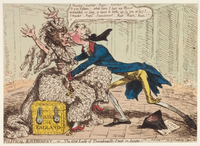 Nach dieser Karikatur von James Gillray wurde die Bank of England „The old Lady of Threadneedle Street“ oder „The Old Lady“ genannt – Premierminister William Pitt der Jüngere gab 1797 zur Finanzierung des Kriegs gegen Frankreich Papierbanknoten aus, um die Goldreserven des Königreichs zu schützen. Das erhöhte die Staatsschulden, und bald wurde erstmals eine Einkommensteuer eingeführt. Karikiert wird hier der Premierminister William Pitt der Jüngere.