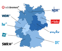 Karte mit den Landesrundfunkanstalten der ARD. Radio Bremen Westdeutscher Rundfunk Köln Hessischer Rundfunk Saarländischer Rundfunk Südwestrundfunk Norddeutscher Rundfunk Rundfunk Berlin-Brandenburg Mitteldeutscher Rundfunk Bayerischer Rundfunk