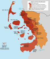 Nordfriesland: Unterschied zwischen der Region (rot) und dem größeren Kreis, der über das eigentliche nordfriesische Besiedlungsgebiet hinausragt. Helgoland ist Teil des Kreises Pinneberg.